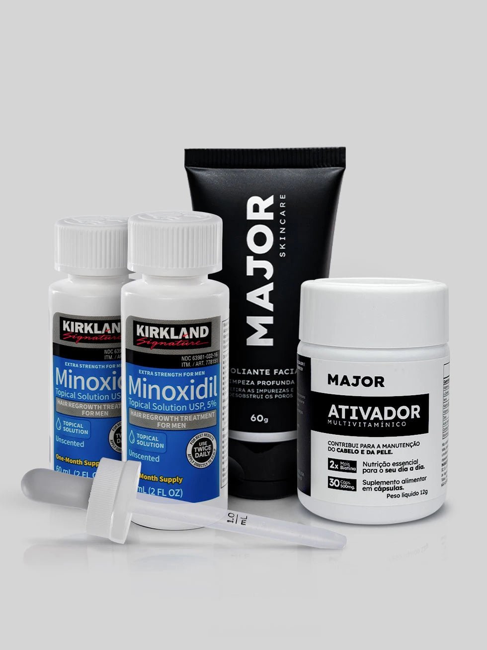 KIT LENHADOR- Minoxidil Kirkland 2un + Multivitamínico Ativador MAJOR + Esfoliante MAJOR 1 KIT LENHADOR- Minoxidil Kirkland 2un + Multivitamínico Ativador MAJOR + Esfoliante MAJOR